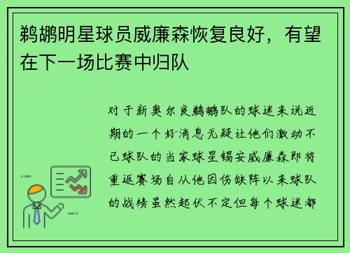鹈鹕明星球员威廉森恢复良好，有望在下一场比赛中归队